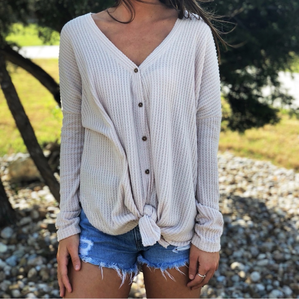Waffle Taupe Button-Down Knit Top